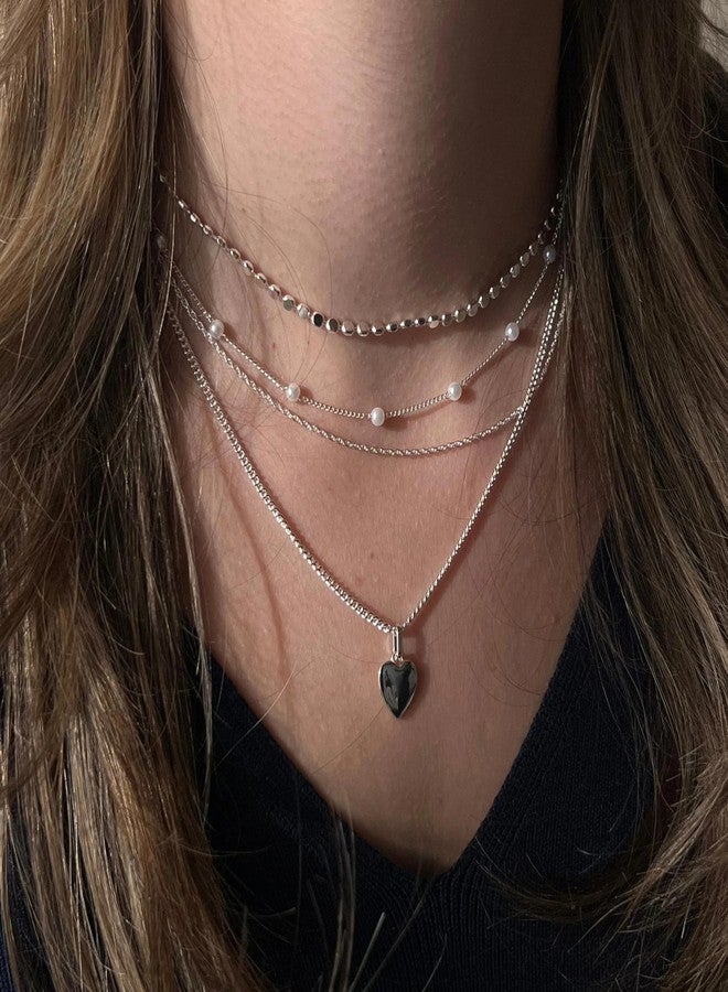 MFRYK Silver Necklaces Stack For Women,Sterling Silver Plated Simple Layered Choker Necklaces For Women,Stackable Multilayer Silver Cuban Peach Heart Pendant Wave Chain Sparkle Dot Choker Chain Small Pearl Layering Necklaces Set For Women Jewelry Gift for Women - Image 2